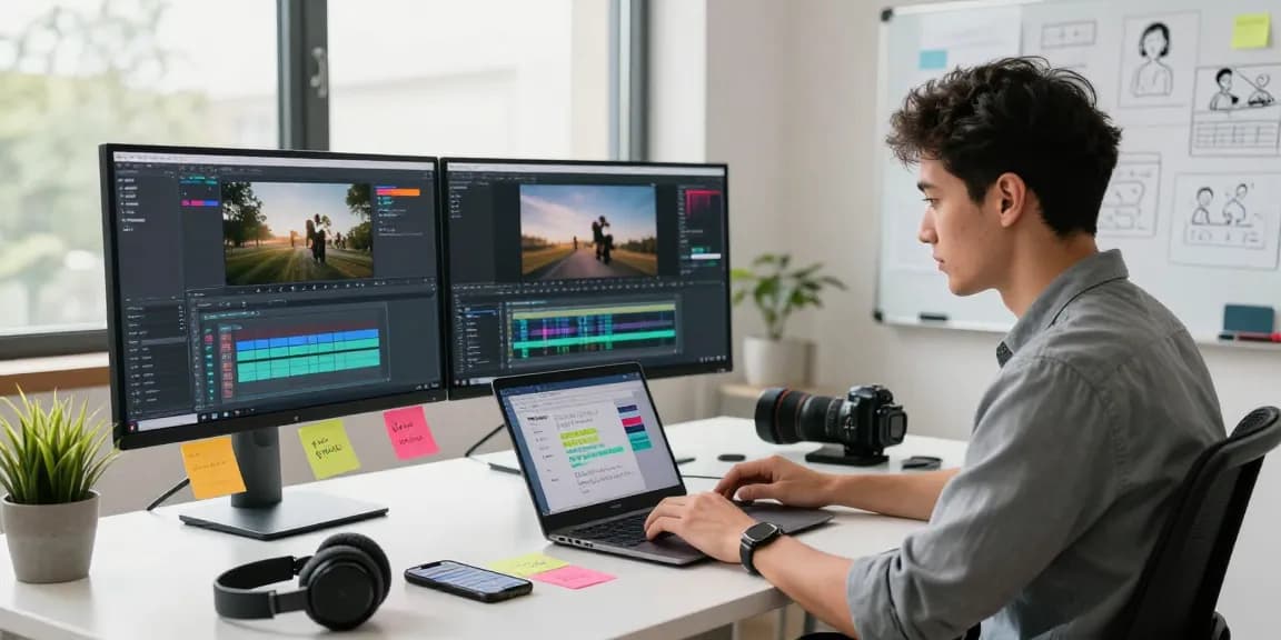 Content creator using an AI video generator in a modern workspace, showcasing productivity and creativity.