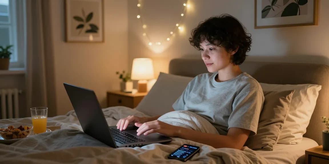 Experience ai sexting in a cozy bedroom with warm lighting and snacks.