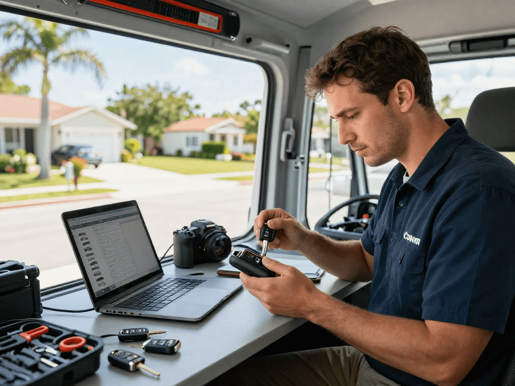 Key fob programming Port St. Lucie service technician programming a car key fob with tools in a modern mobile locksmith van.