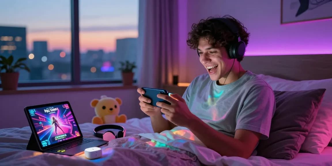 Enthusiast playing mobile porn games in a colorful bedroom setting, illuminated by LED lights and surrounded by gaming accessories.