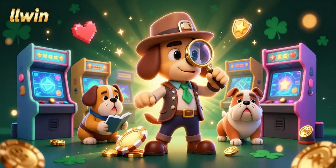 Delve into llwin's thrilling casino experience with a detective and his bulldog amid colorful gaming elements.
