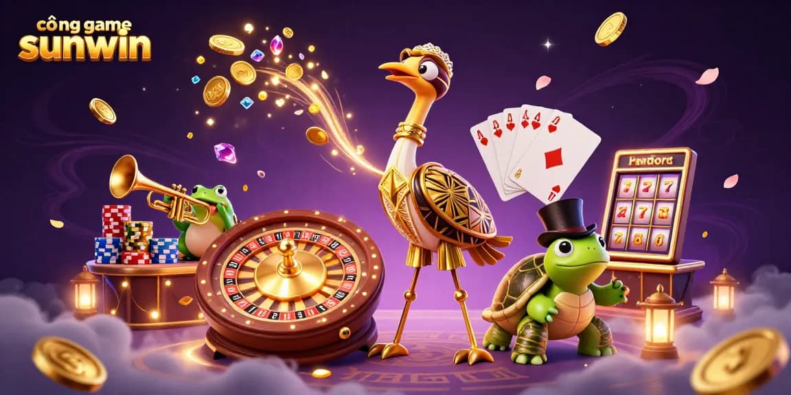 The vibrant scene of cổng game sunwin showcases a 3D cartoon crane, turtle, and frog amidst flying coins, roulette, and cards.