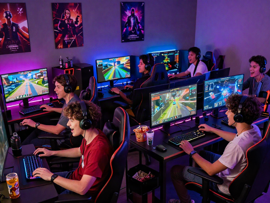 Gaming enthusiasts engaging in html porn game session with colorful graphics and lively atmosphere.