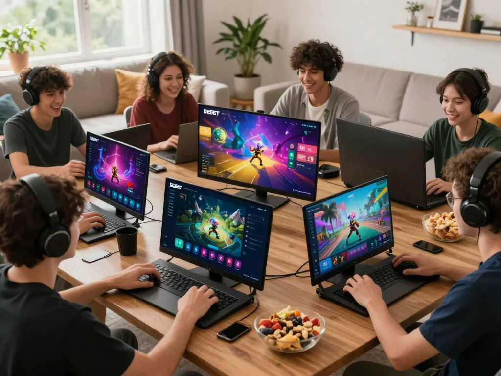 Engaged players using DEBET's online gaming platform in a lively living room setting