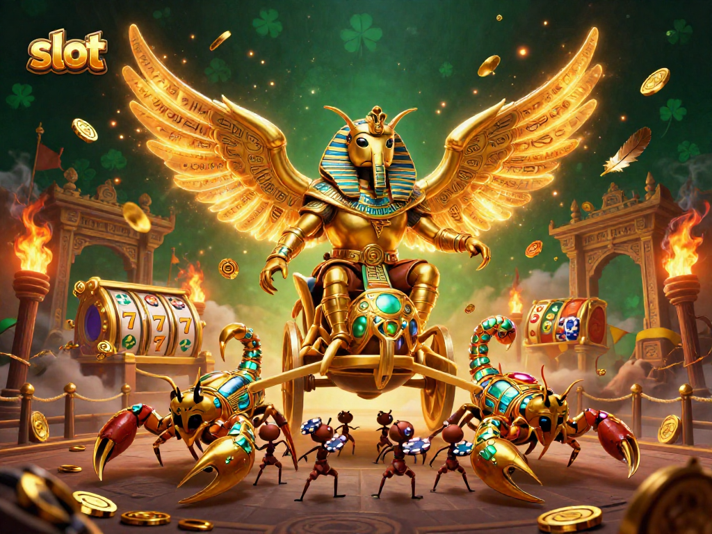 Engage with exciting slot action featuring golden scarab beetle in pharaoh armor.