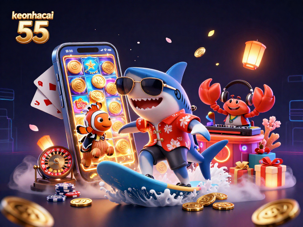 Surfing on waves of gold coins, keonhacai 55 characters showcase vibrant casino action.