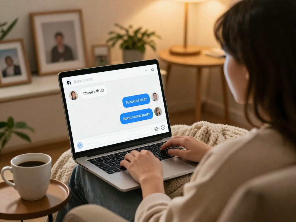A cozy scene showcasing an individual in AI sex chat on their laptop, with a warm home atmosphere.