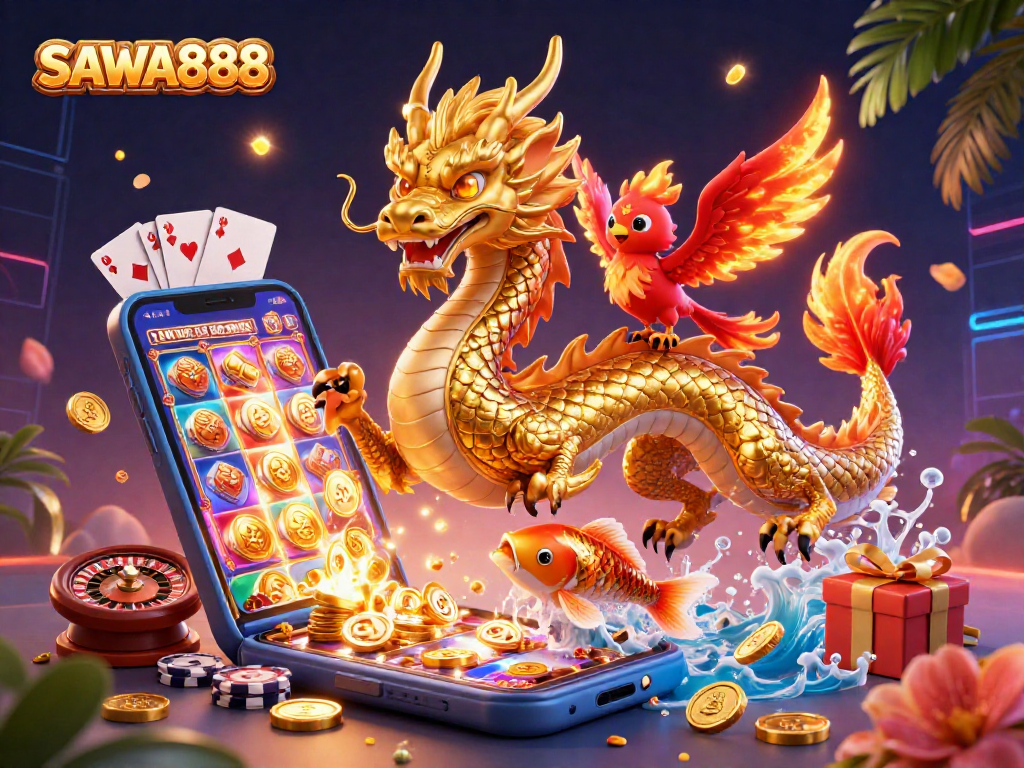 SAWA888 features a powerful dragon in a vibrant casino scene with coins and slot games.