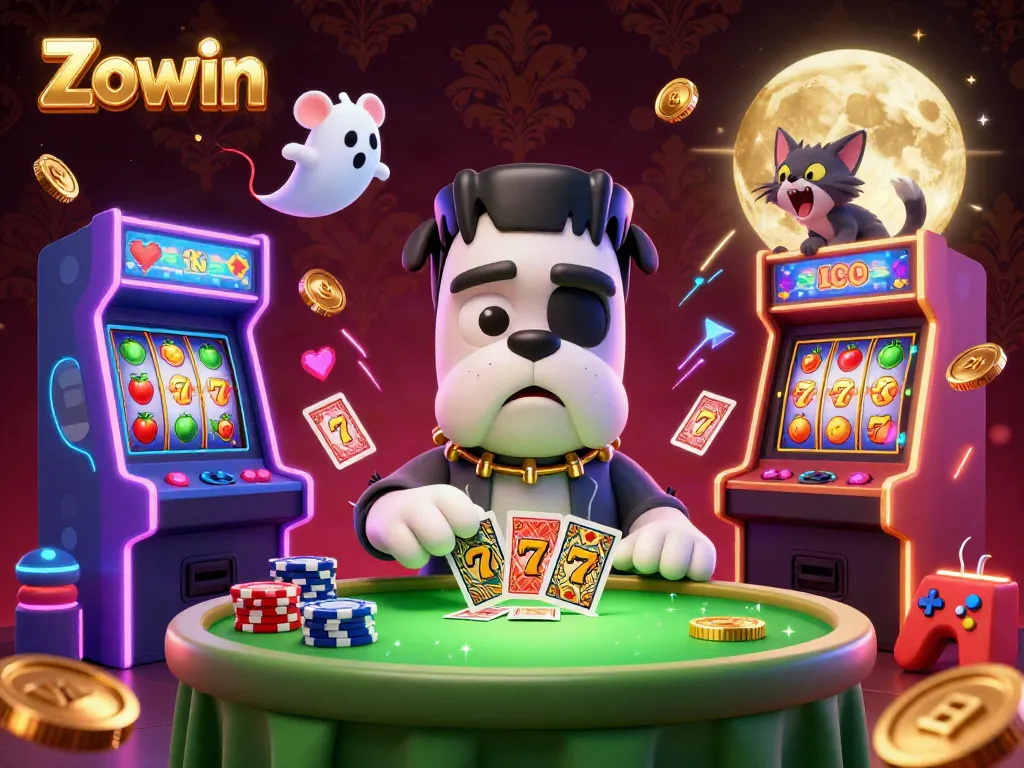 Zowin brings excitement as a Frankenstein bulldog deals cards at a spooky casino table.
