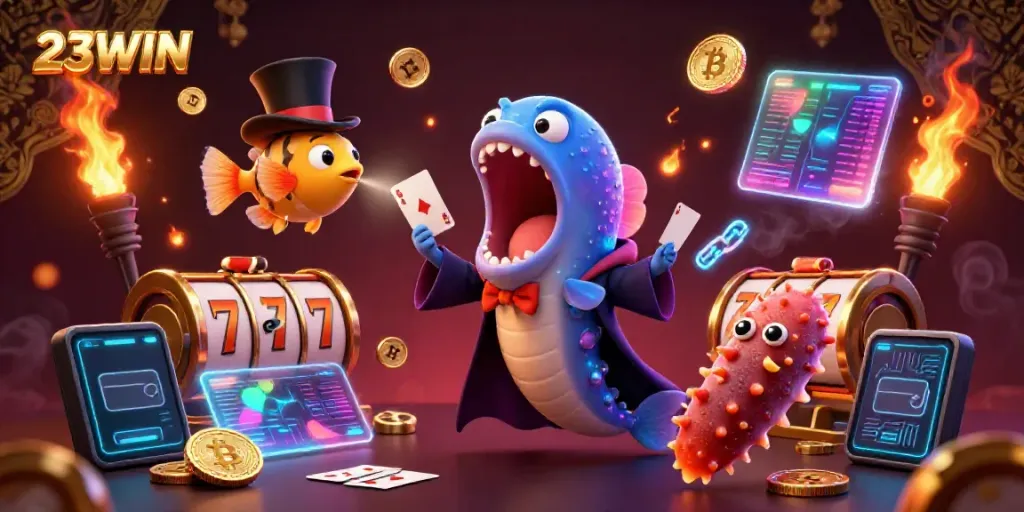 Experience the magic of 23WIN casino with a glowing scene of a bioluminescent eel magician performing card tricks.