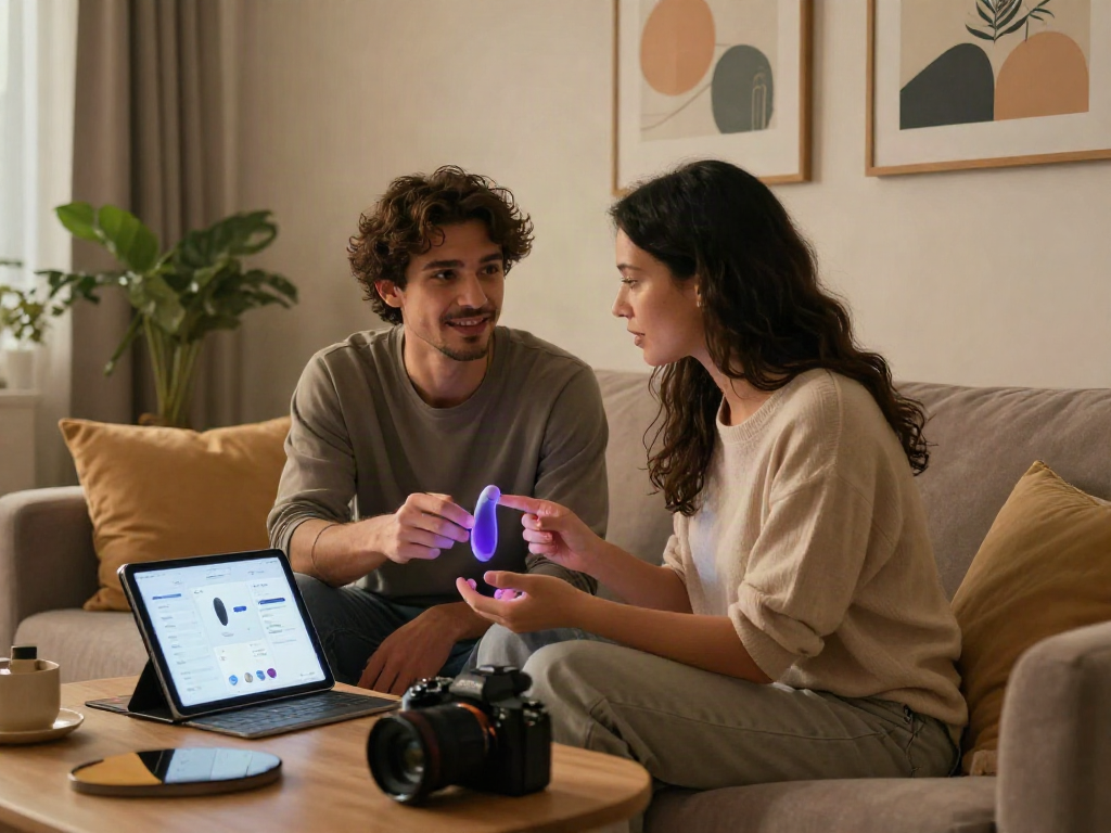 Couple exploring ai sex technology in a cozy living room.