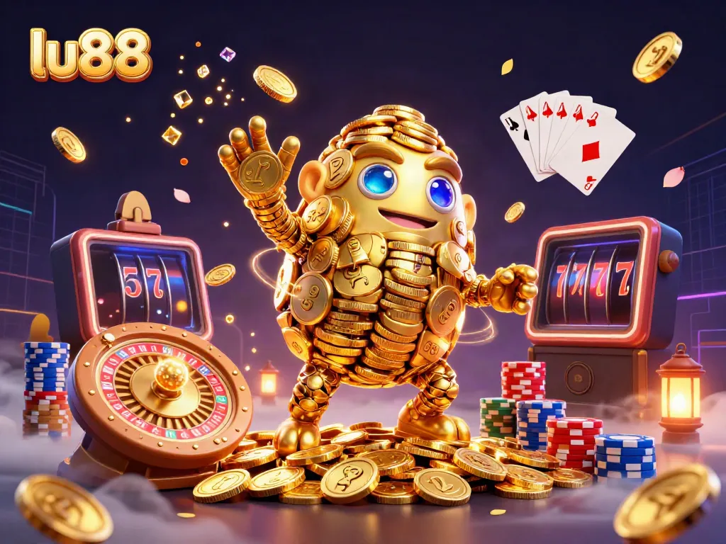 Experience thrilling gameplay at Lu88 with a vibrant casino scene featuring a golden golem and lavish symbols.