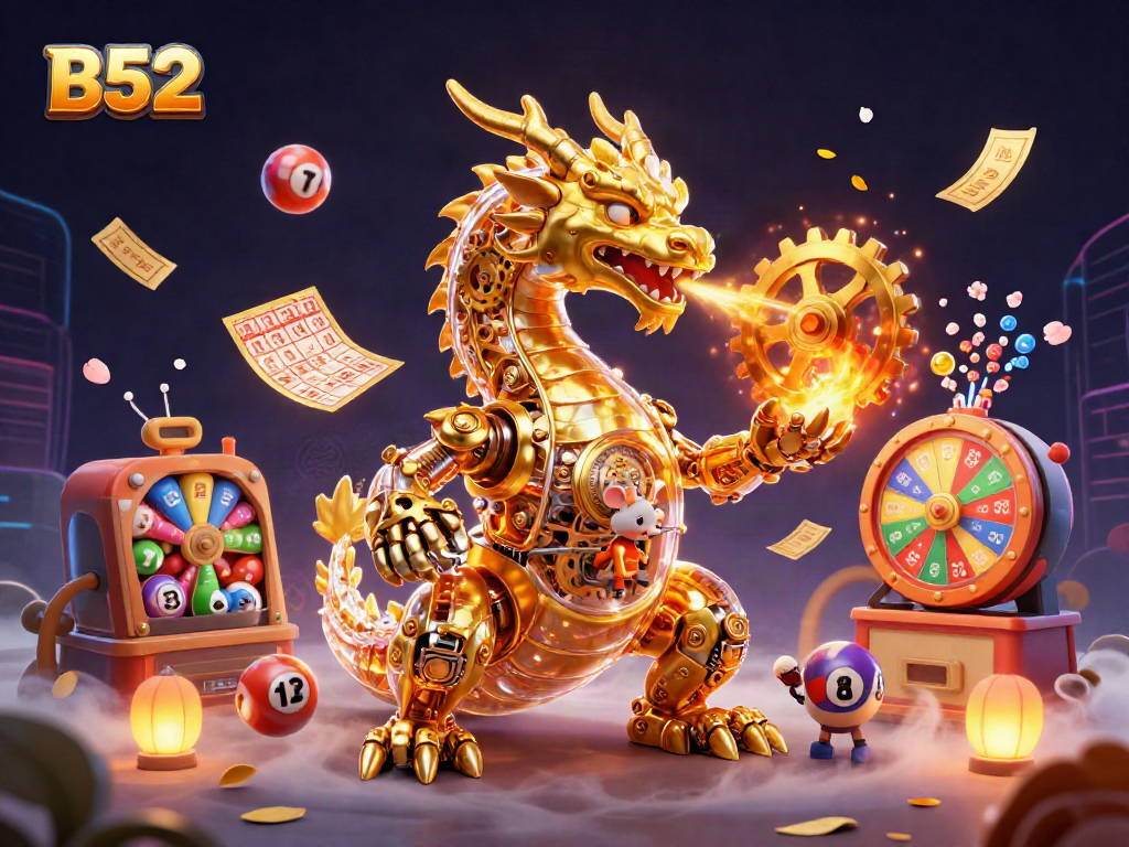 B52 captivates players with a vibrant lottery scene featuring a golden dragon and dynamic game elements.