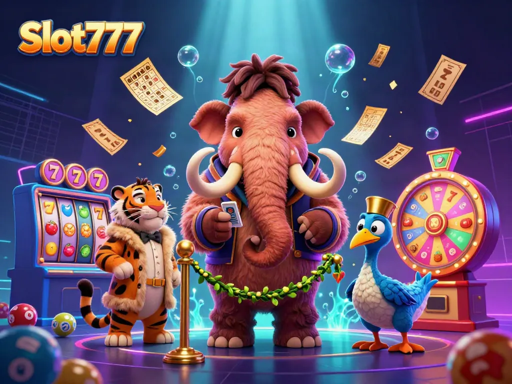 Experience exciting Slot777 with a vibrant casino scene featuring unique characters and dynamic game elements.