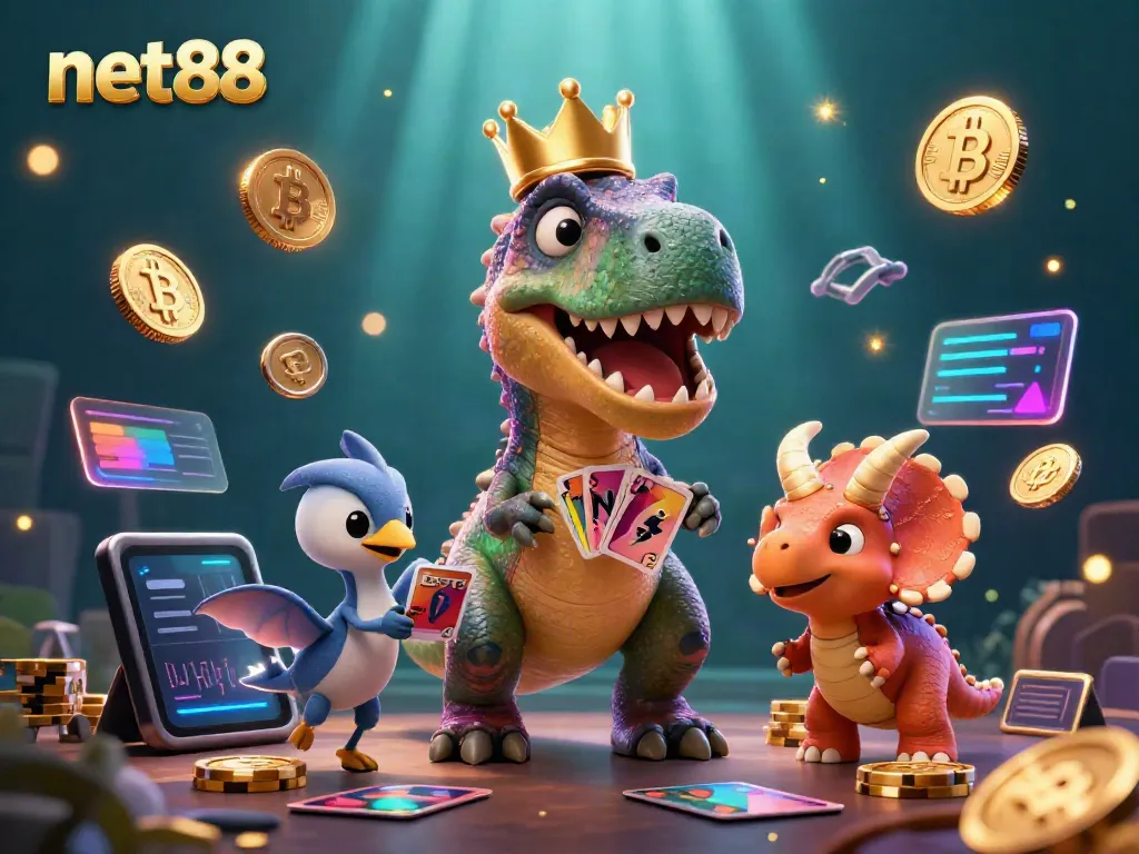Engaging scene featuring net88's mascot characters amidst a burst of gambling elements and crypto coins.