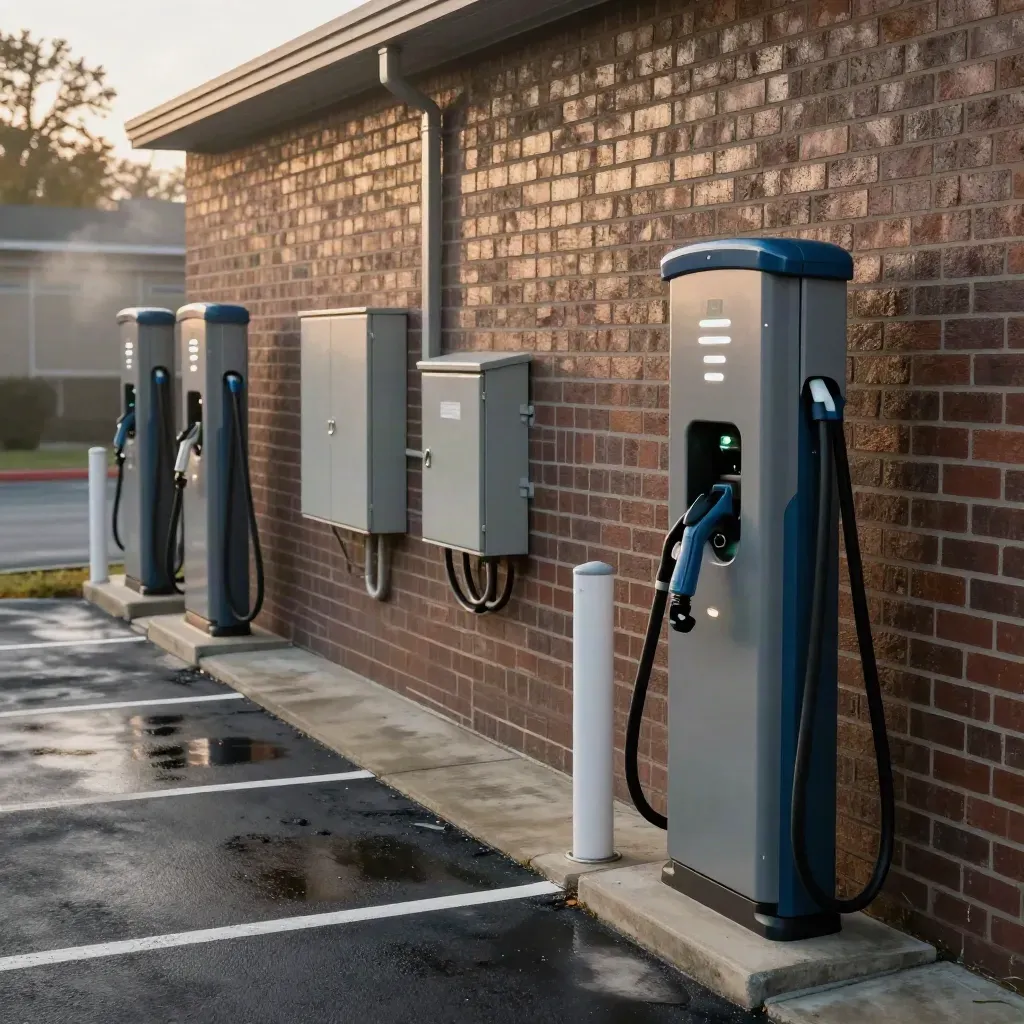 Upgraded shared EV chargers by a brick flat block with meter cabinet and clear parking bays