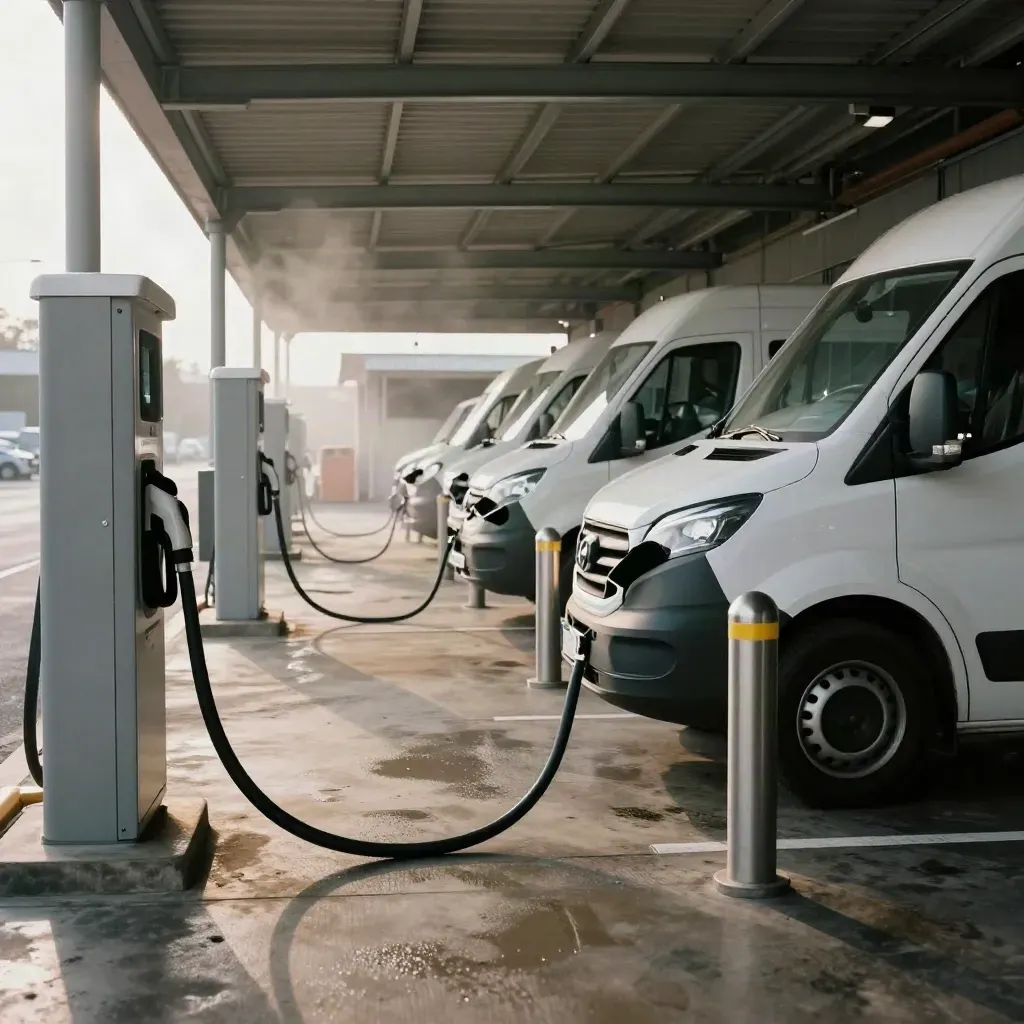 Depot chargers and white van noses under a canopy with steam rising from warm concrete.