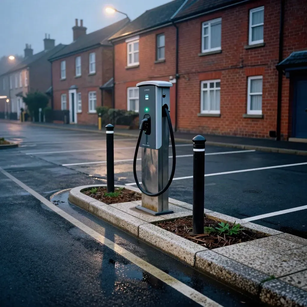 Blue-hour roadside EV charger post in a fresh bay between terraced houses, with bollards and kerb work.