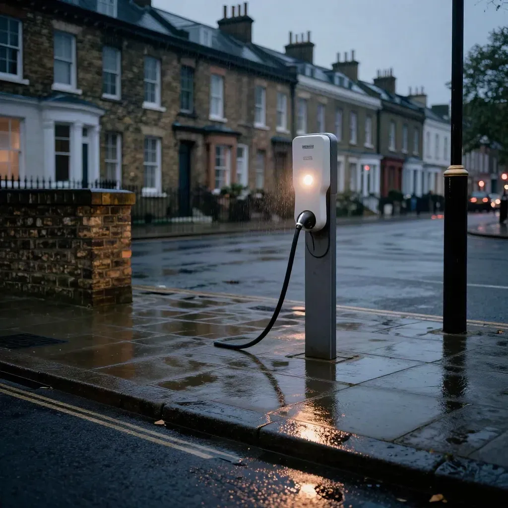 Kerbside EV charger bay beside a Victorian terrace on rain-dark stone at blue hour.
