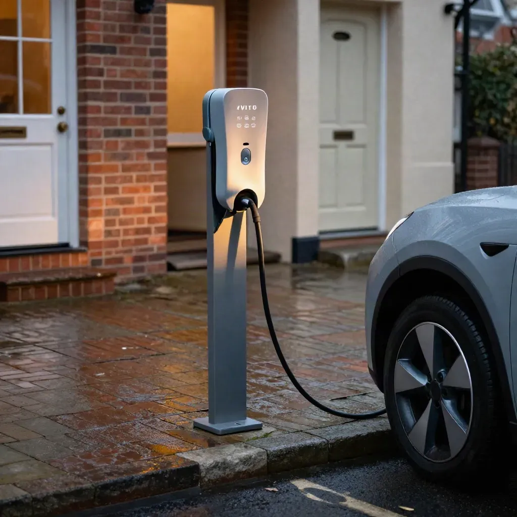 Compact home kerbside EV charger on a brick terrace frontage with glowing face and parked EV wheel edge.