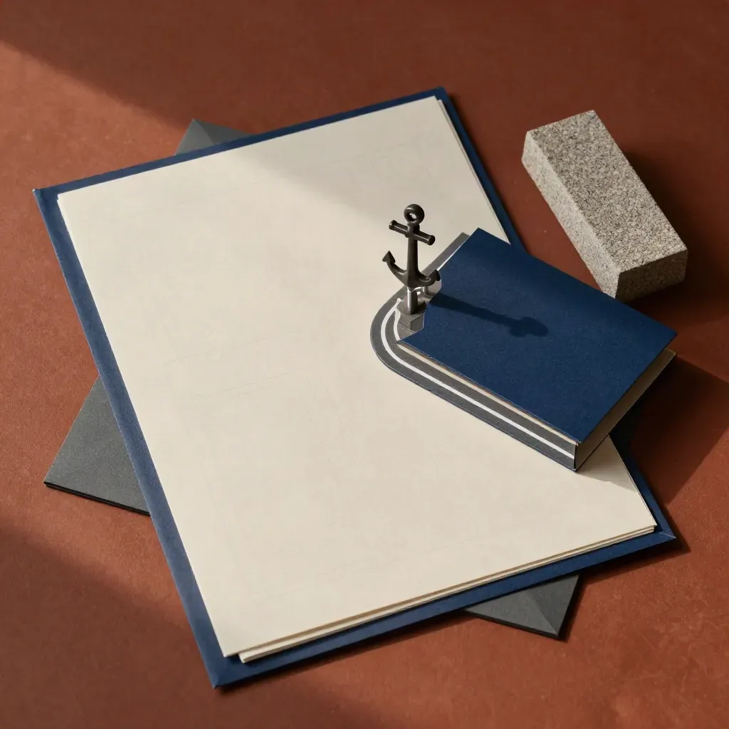 Permit folder, street-corner model, stencil sheets and kerb sample on a clay surface, top-down.