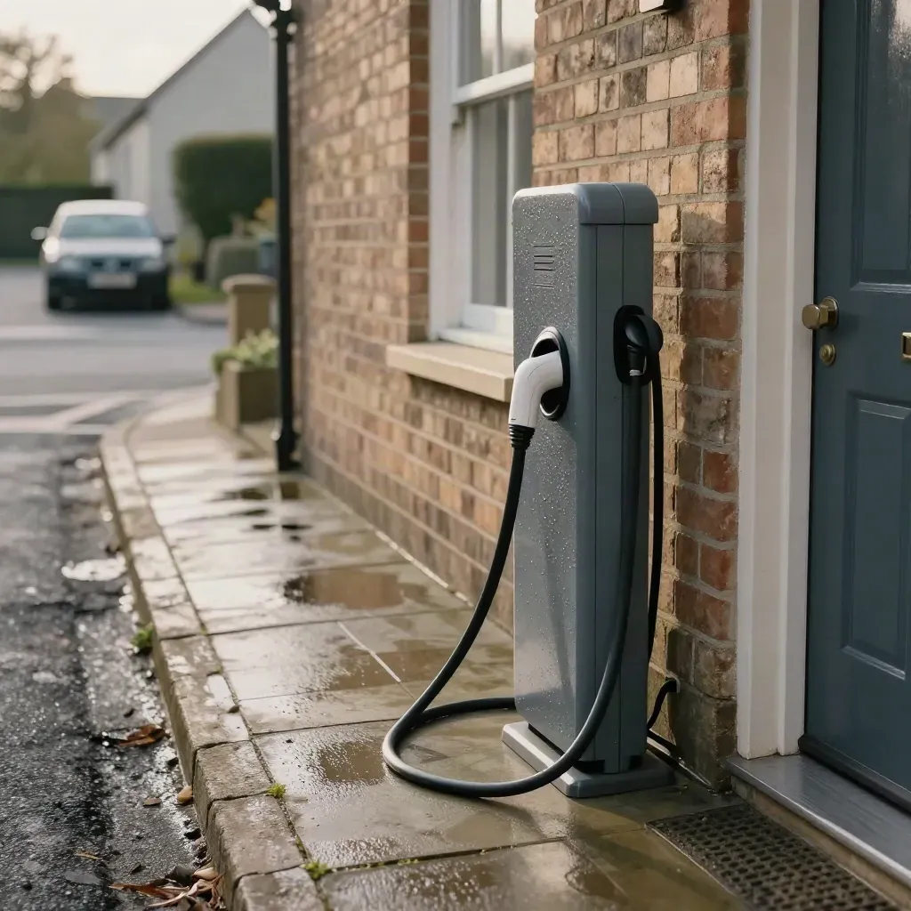 Wet kerbside EV charger beside a terraced house drive, cable docked and bay clear at dusk.