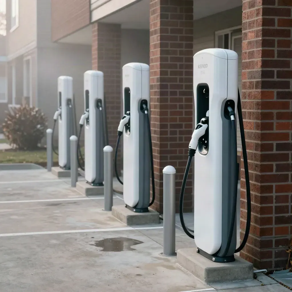 Four EV chargers in a tidy residential parking court with brick walls and mist