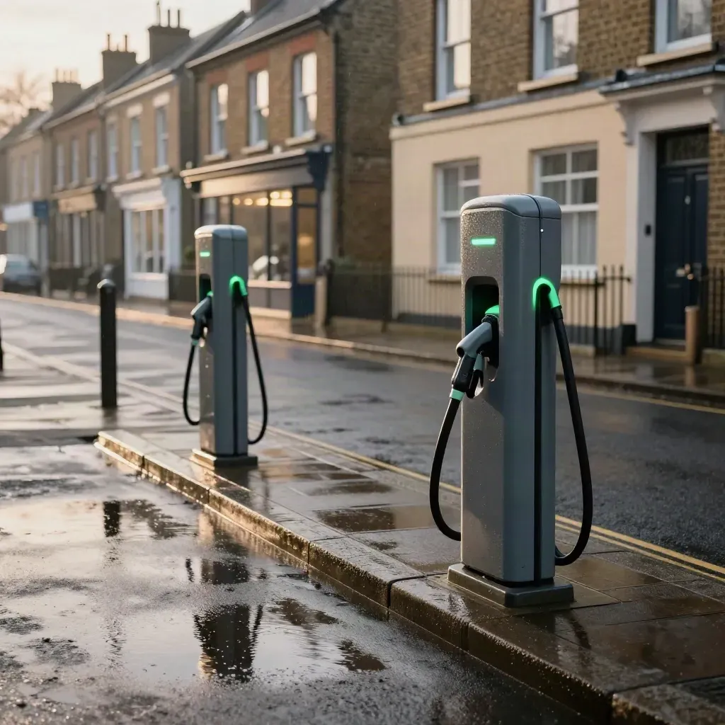 Twin kerbside EV chargers active on a wet London street with terraced houses at dawn.