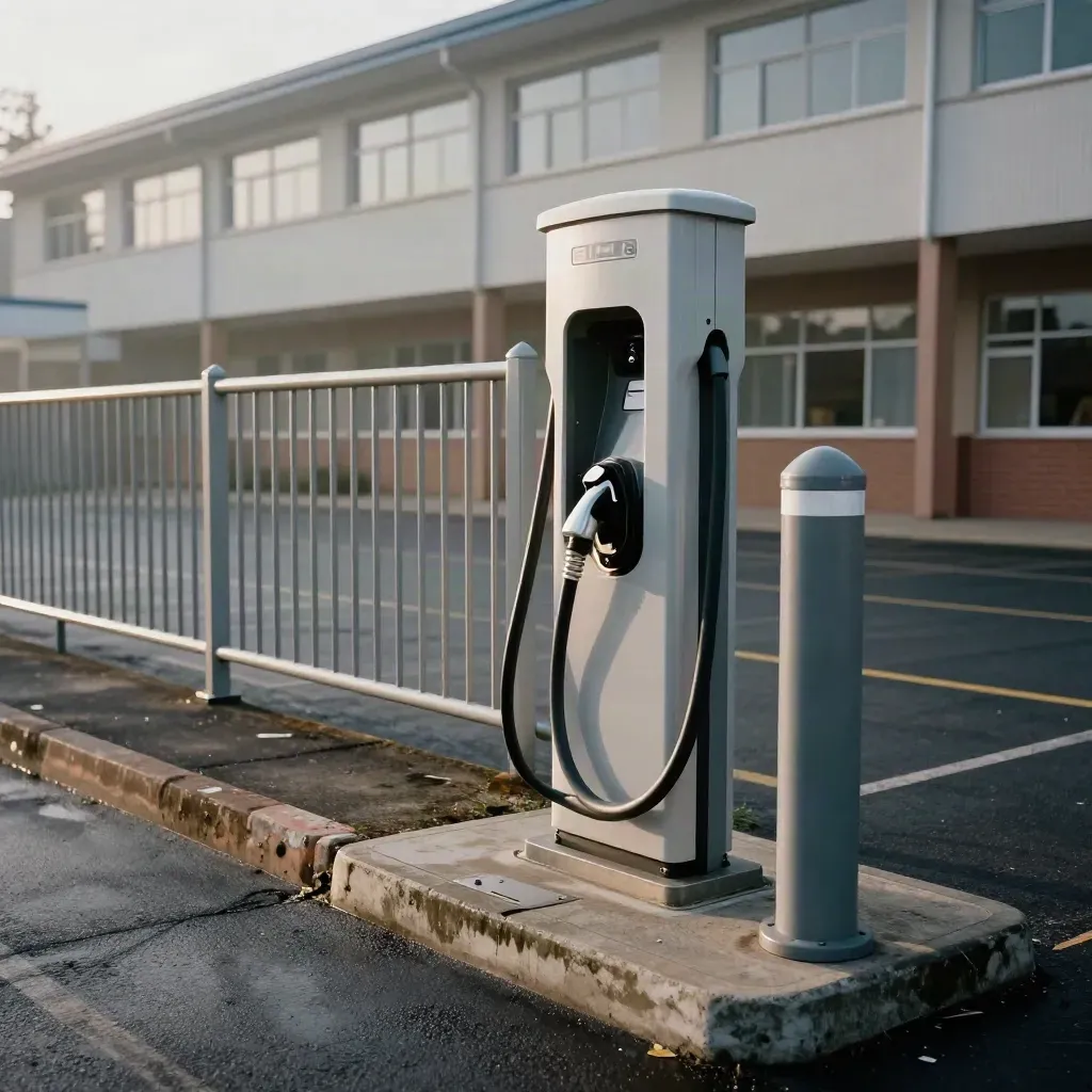 Repaired school EV charger beside playground fence, bollard and fresh cradle in morning haze.