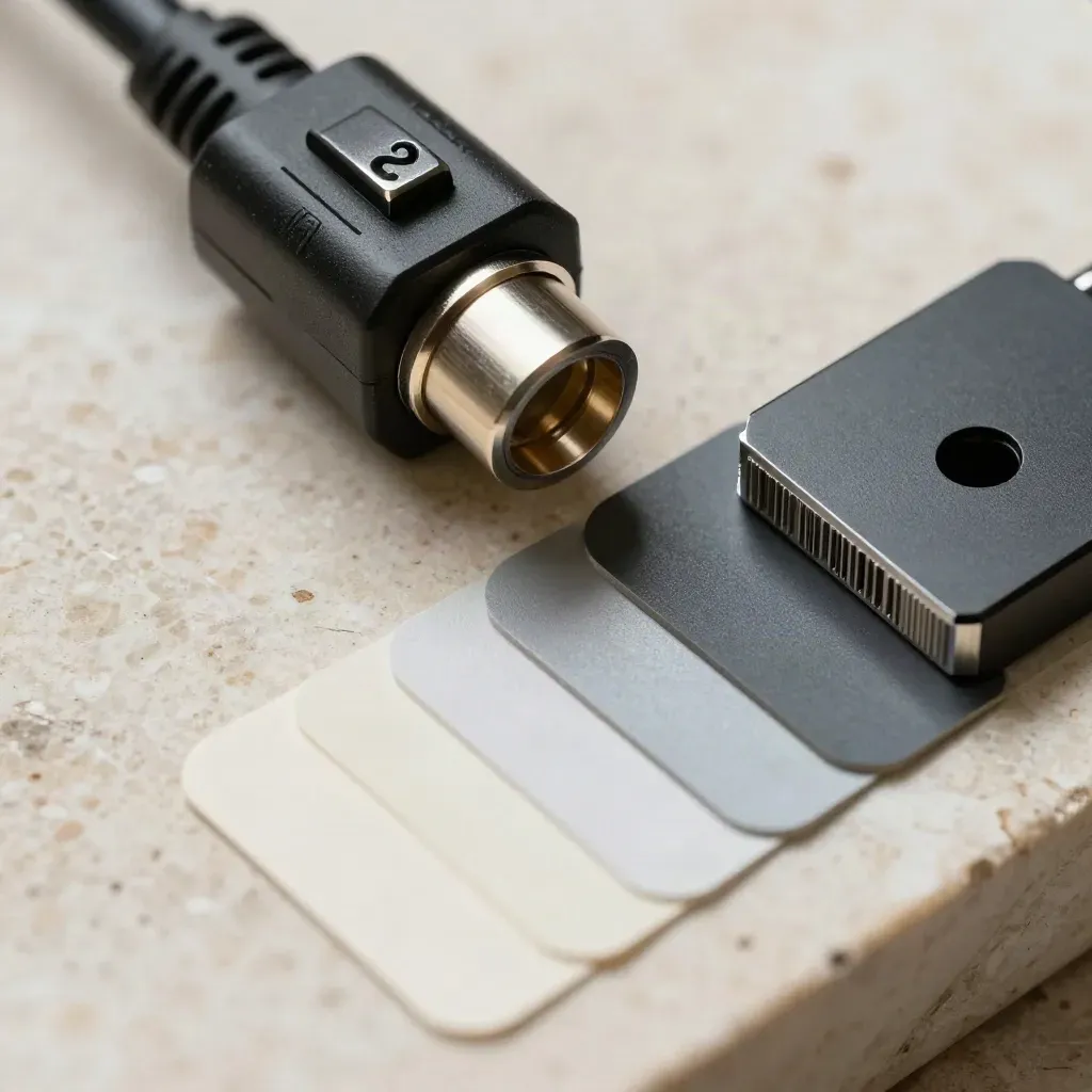 Macro still life of EV charger connector heads, ferrules, swatches and face sample on travertine.