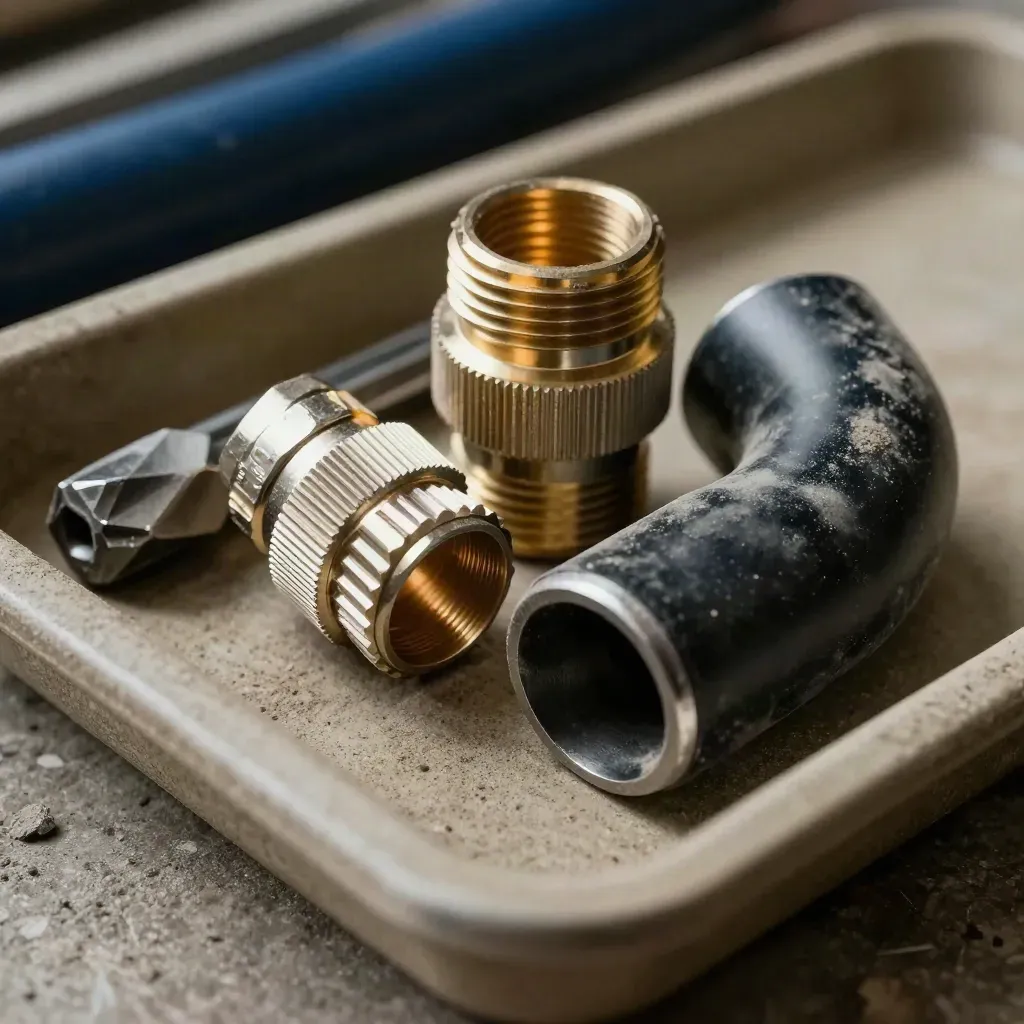 Macro of EV charger install parts: insulated connector, gland, torque bit and conduit elbow on a work surface.