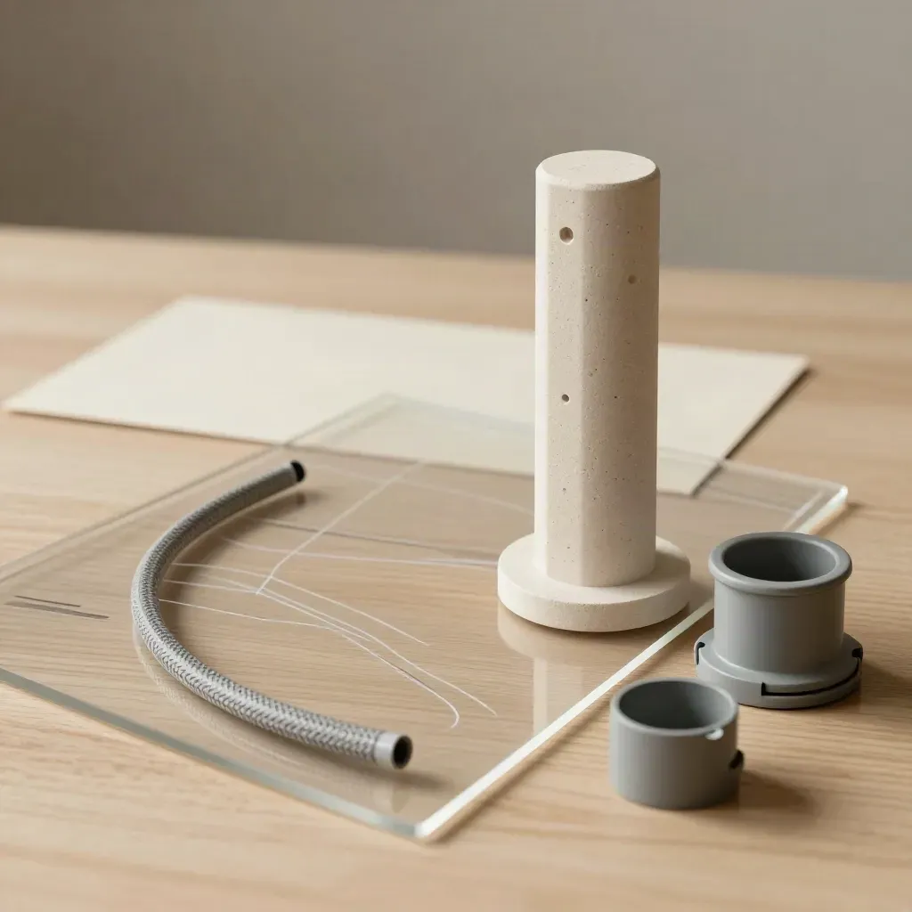 Acrylic site plan, charger mock-up, cable bend sample and clamp on pale oak.