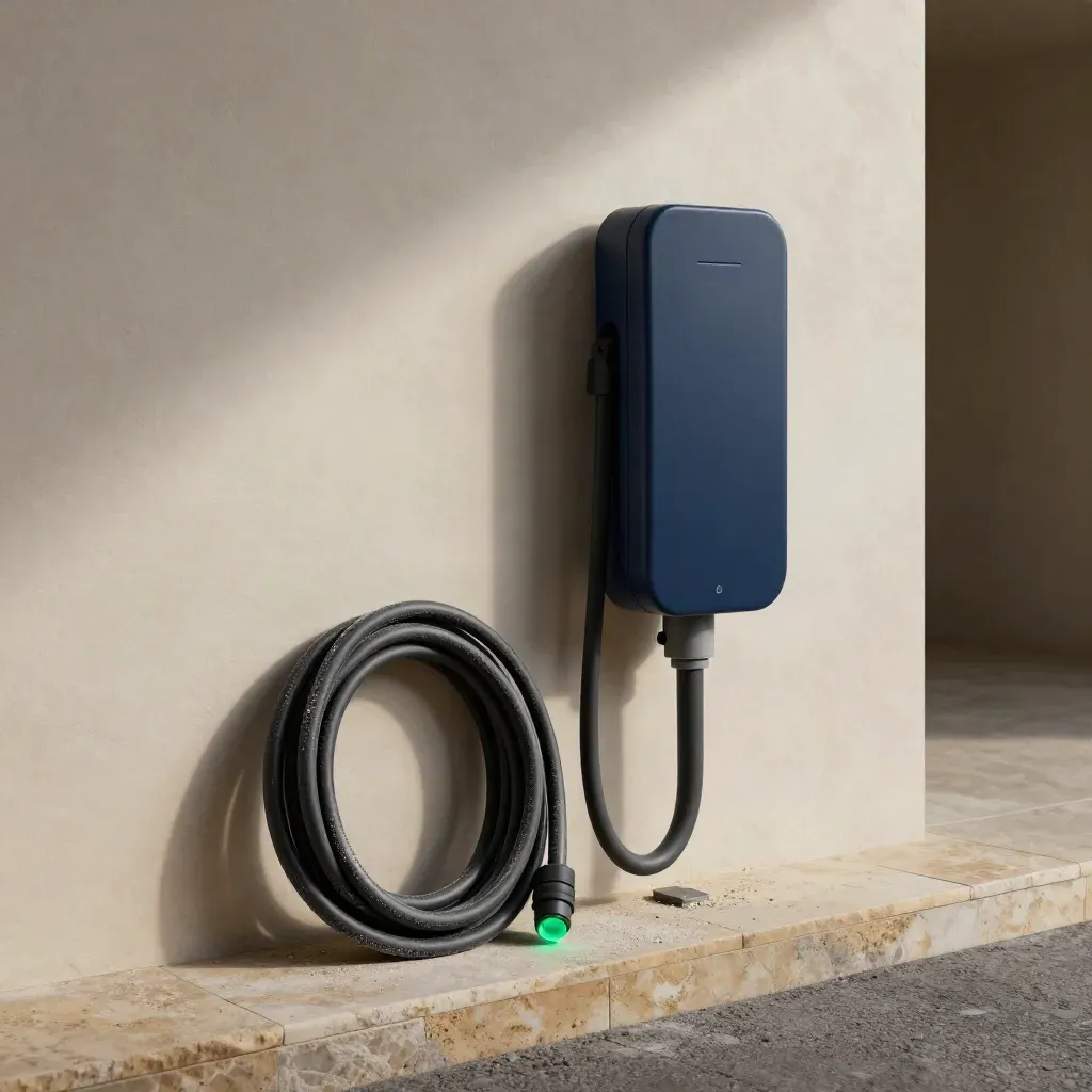 Partially mounted EV charger with cable, conduit and dust on a soft plaster wall