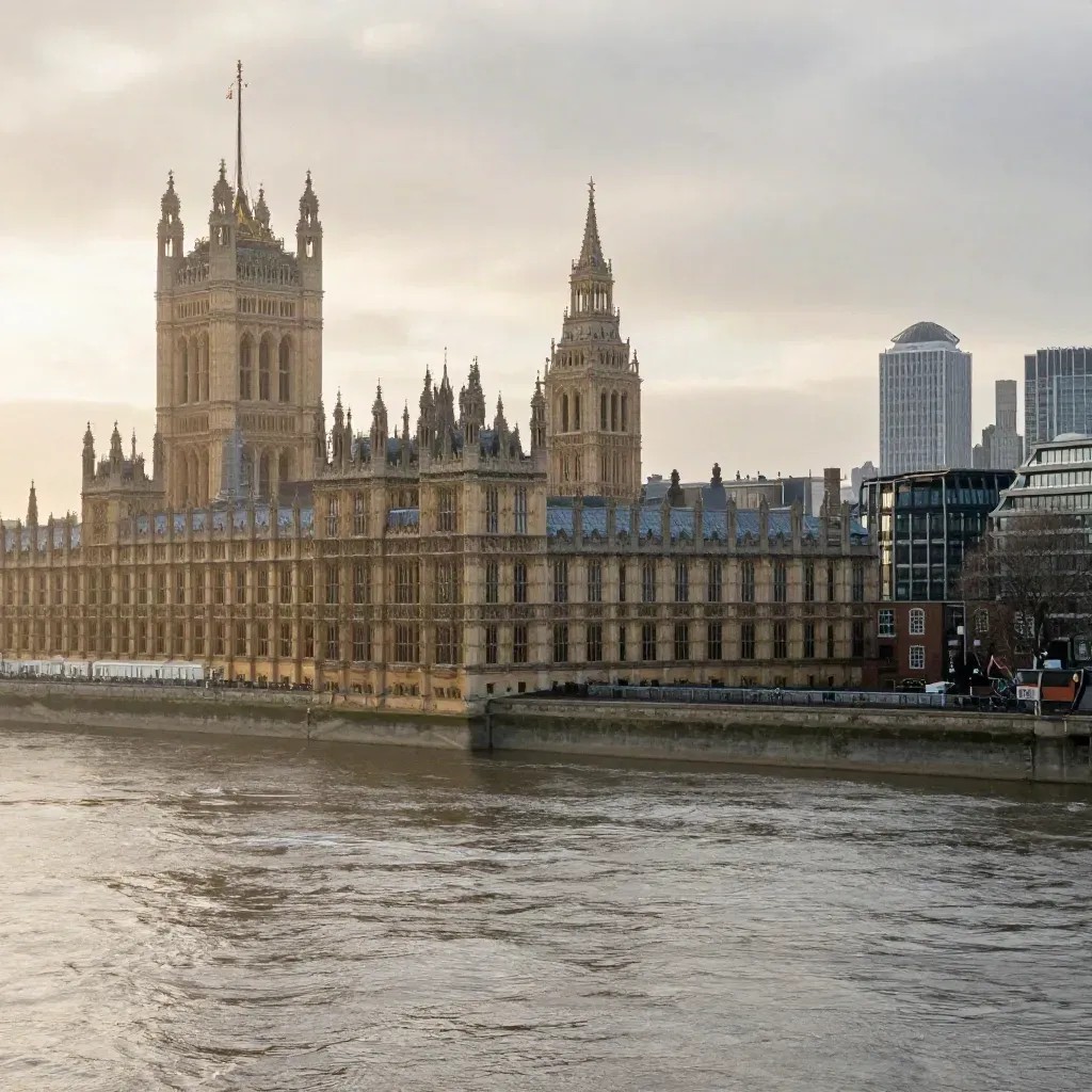 Westminster and the City above a misty Thames bend at dusk, calm water and embankments below.