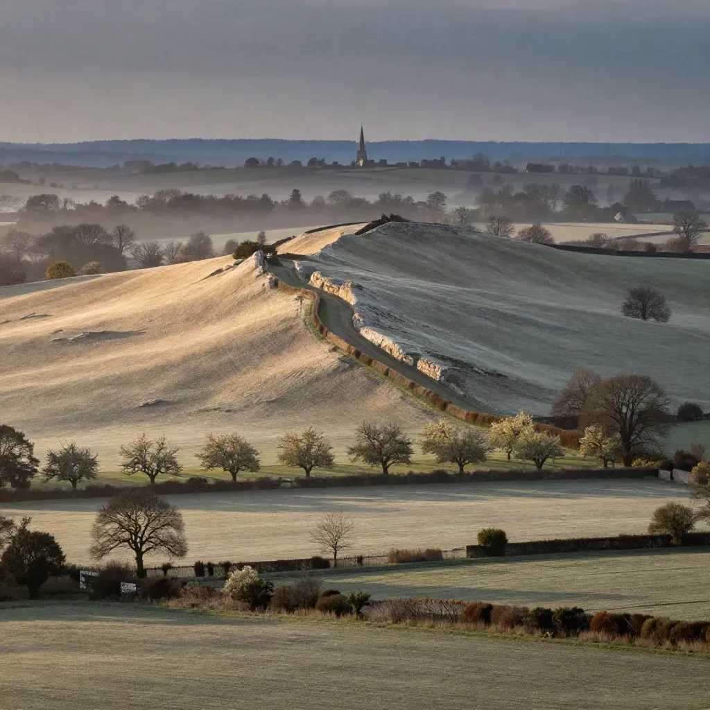 Chalk ridge over orchards at sunrise with a spire on the horizon and misty fields below.