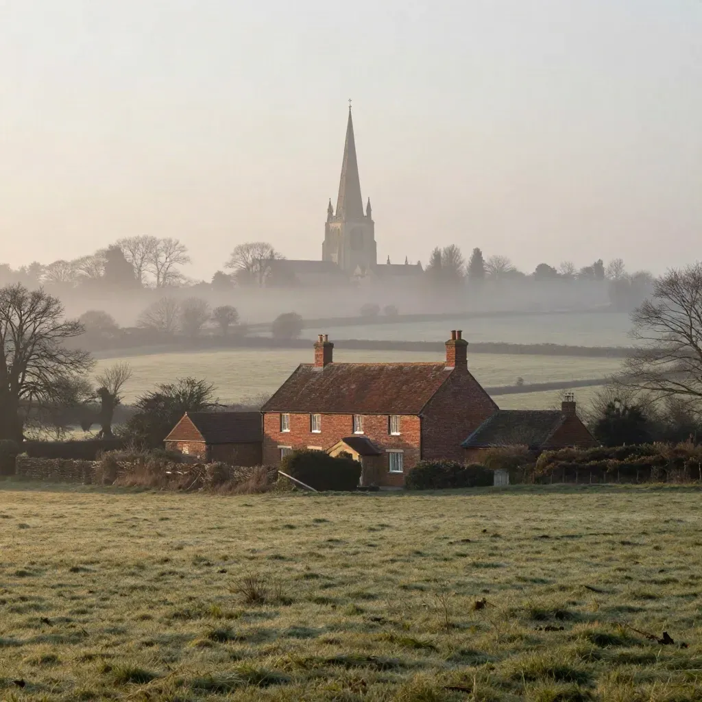 Misty rural fields with a red-brick farmstead and distant cathedral spire at dawn.