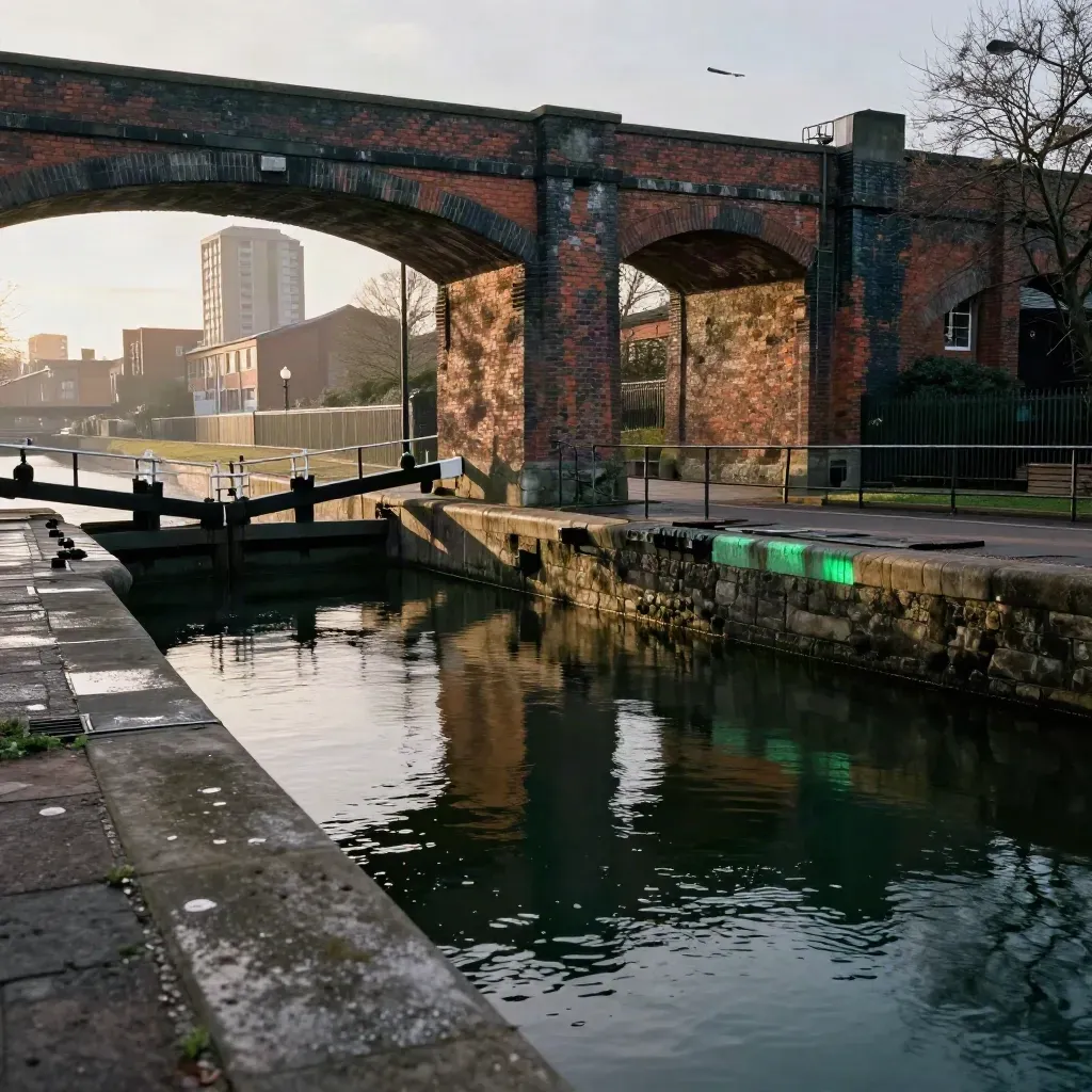 Elevated canal basin with brick viaduct, locks and distant towers in warm haze