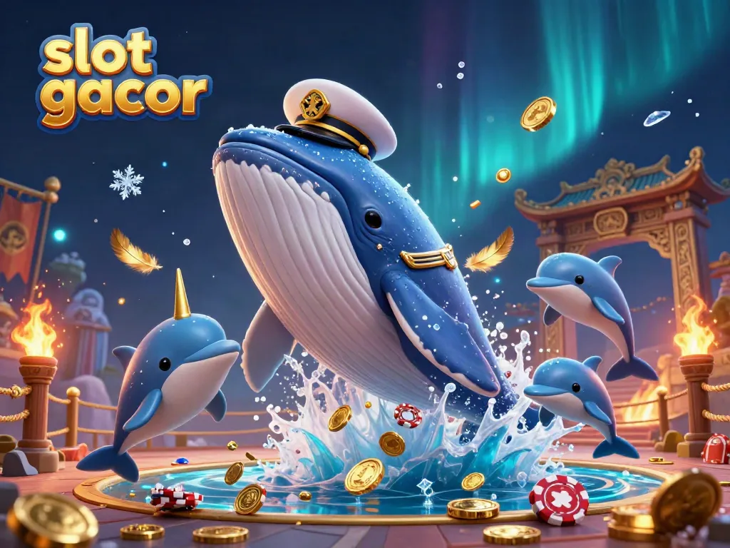 Experience the thrill of slot gacor with a whale, narwhal, and playful dolphins amidst gold coins.