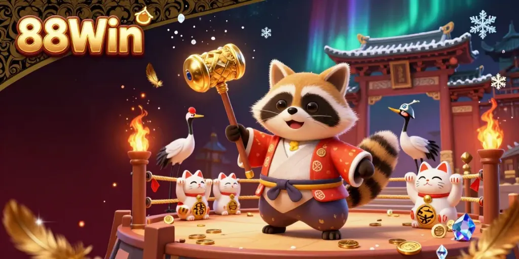Join the fun with 88Win's celebratory scene featuring tanuki and maneki-neko amidst swirling casino elements.