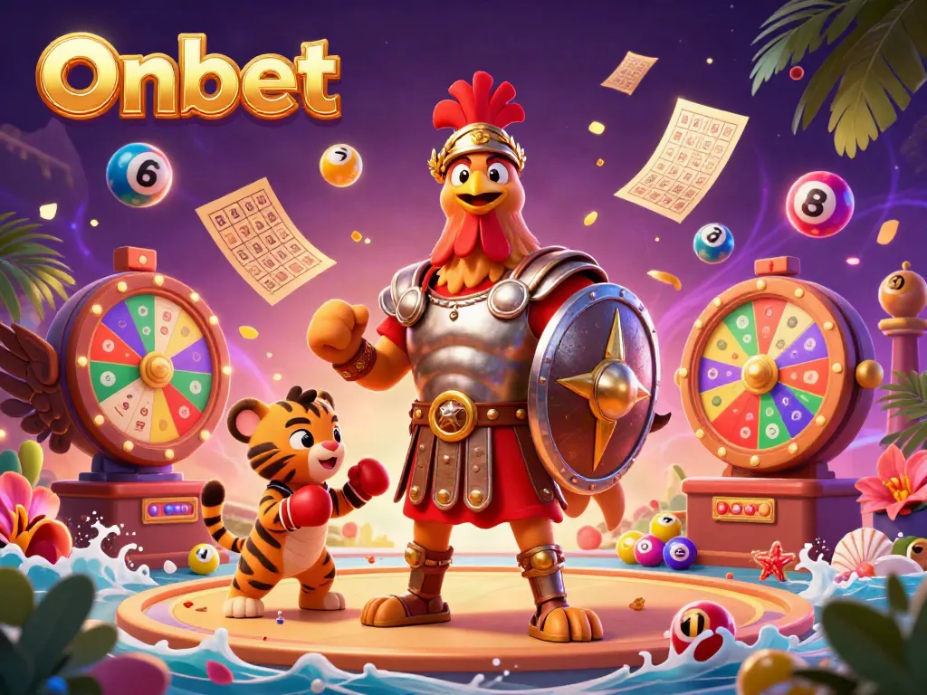 Experience thrilling gaming with Onbet in this vibrant casino scene featuring a gladiator rooster and lively lottery elements.
