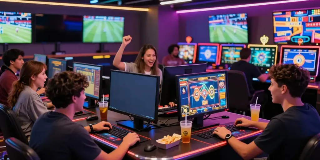 Exciting GEM88 gaming scene showing diverse players enjoying vibrant online casino activities.