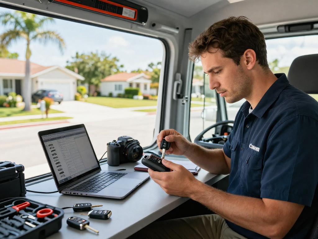 Key fob programming Port St. Lucie service technician programming a car key fob with tools in a modern mobile locksmith van.