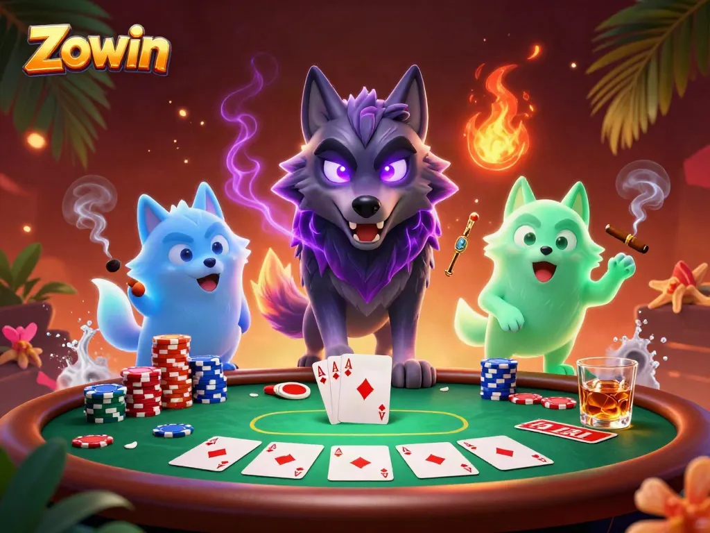 Zowin captures thrilling poker action with glowing spectral wolves and vibrant casino elements.