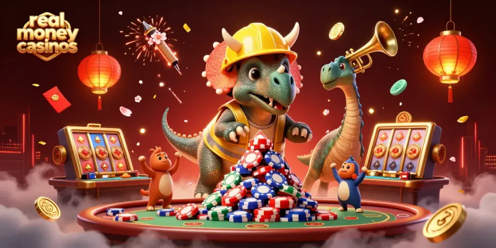 Experience real money casinos with a festive 3D illustration showcasing a triceratops and games.