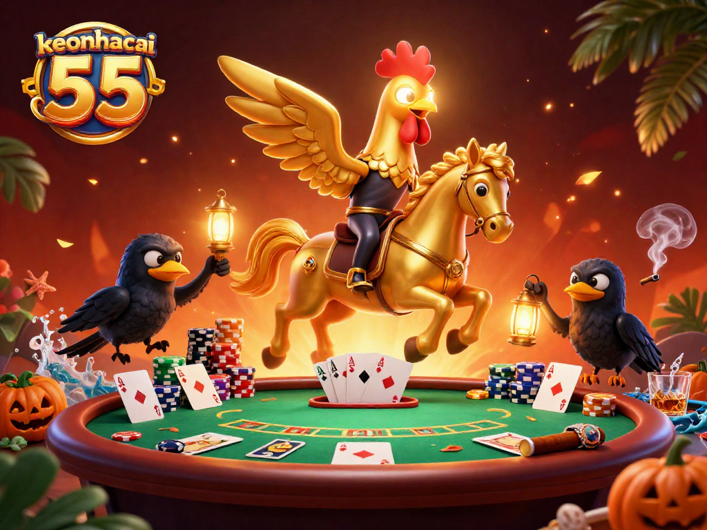 Experience the thrill of keonhacai 55 in a vibrant casino scene with golden rooster and poker elements.