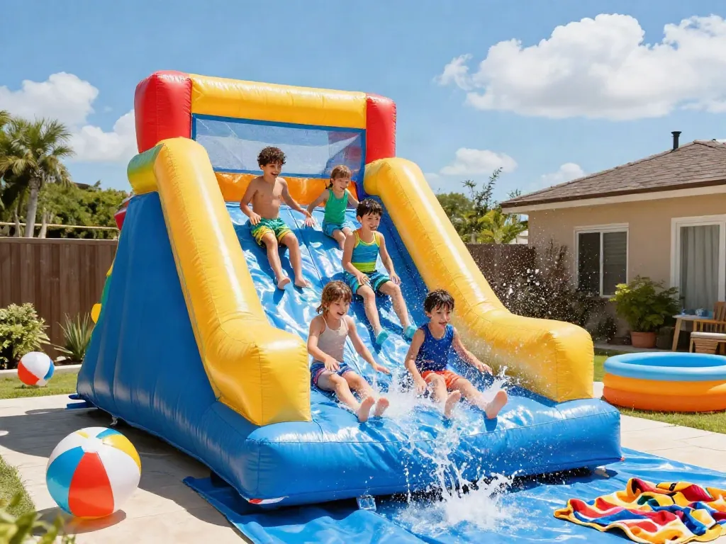 Children enjoying a vibrant water slide in a sunny backyard setting, filled with fun summer activities.