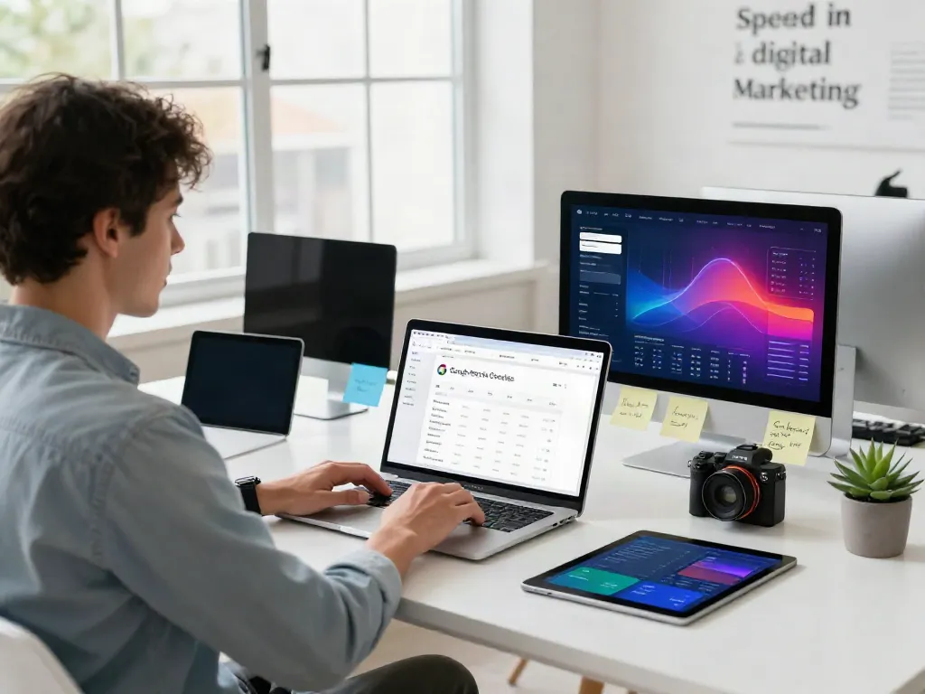 Digital marketer optimizing instant indexing strategies at a bright workstation.