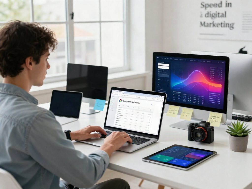 Digital marketer optimizing instant indexing strategies at a bright workstation.