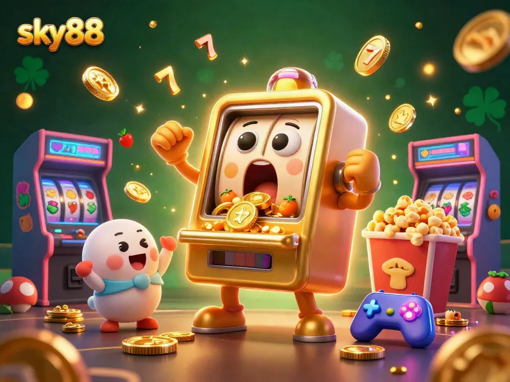 Sky88 slot machine hits jackpot as coins pour out, surrounded by cheering baby slots, vibrant arcade elements.