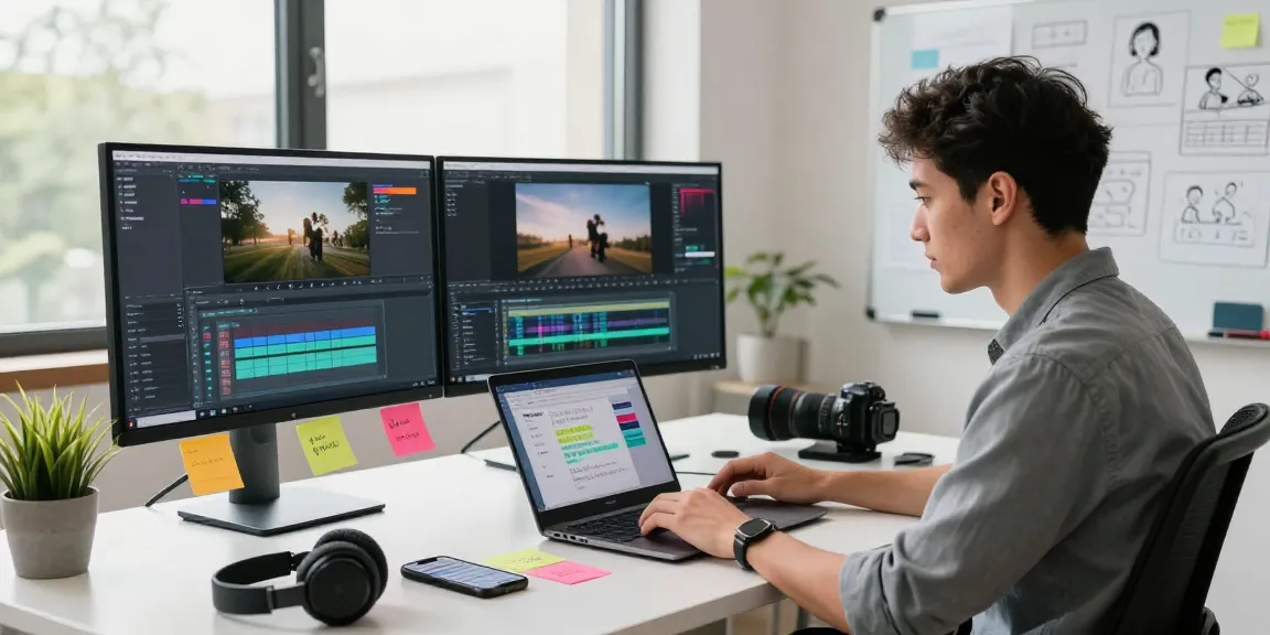Content creator using an AI video generator in a modern workspace, showcasing productivity and creativity.